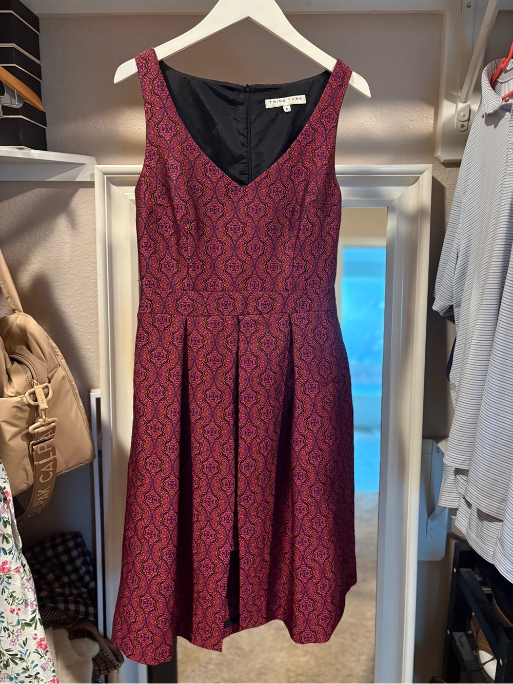 Trina Turk Burgundy Patterned V-Neck Midi Dress
